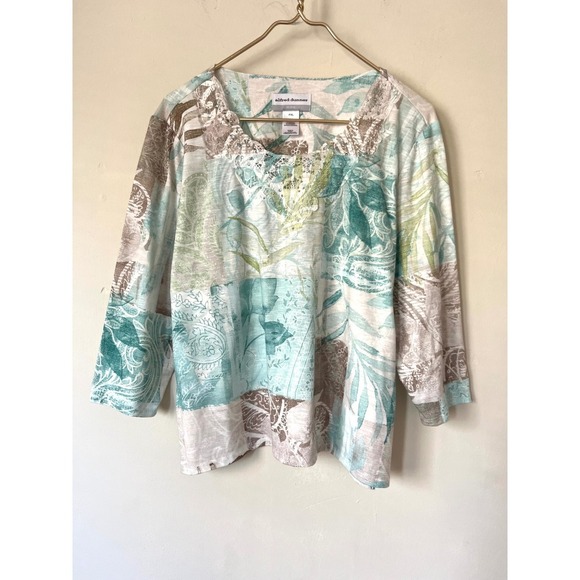 Alfred Dunner Tops - Alfred Dunner Petite PXL Teal Patchwork Tropical Paisley Lace Rhinestone Top